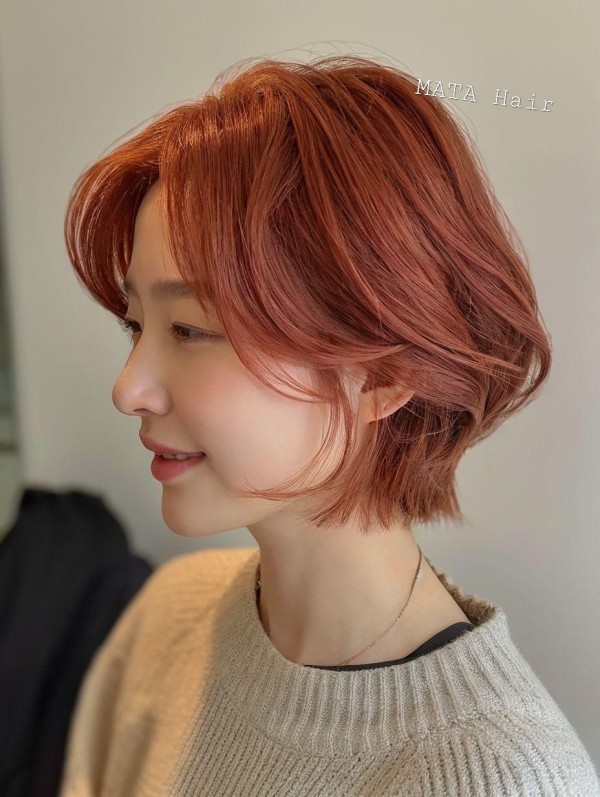 성신여대 미용실 피치 오렌지 염색 숏단발 레이어드펌